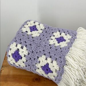 Vintage Crocheted Granny Square Lavender Floral Fringe Afghan Throw Blanket